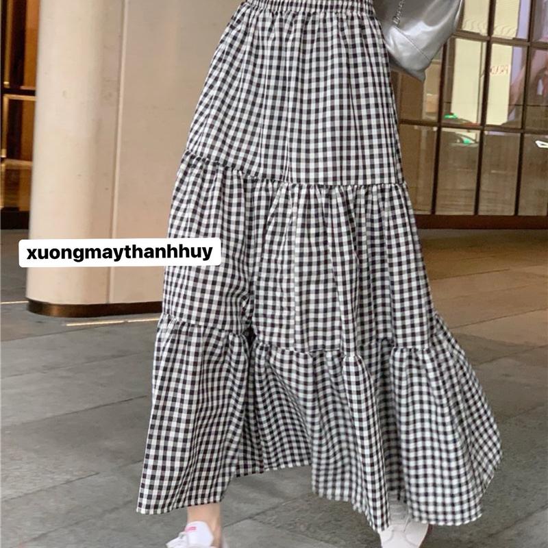 Chân váy Kẻ caro dáng dài, chân váy maxi- chân váy kẻ 3 tầng Nữ