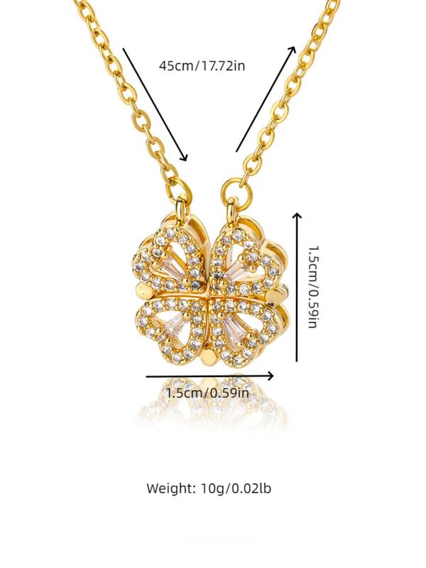 Rhinestone Decorated Pendant Necklace, Heart-to-heart Four-leaf Clover Design Necklace, Creative and Personalizedone Style for Multiple Wear Necklace, Fashion Matching Jewelry Accessories Gift for Women and Girls 2