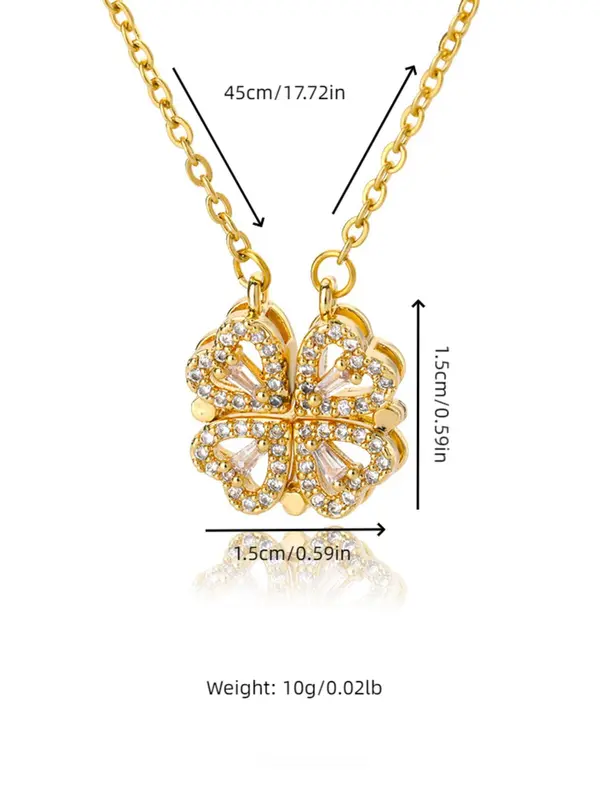 Rhinestone Decorated Pendant Necklace, Heart-to-heart Four-leaf Clover Design Necklace, Creative and Personalizedone Style for Multiple Wear Necklace, Fashion Matching Jewelry Accessories Gift for Women and Girls 1