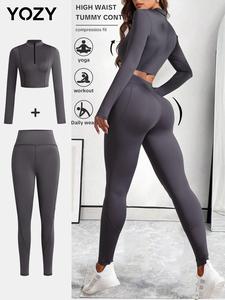 YOZY Two-Piece Set Women's Solid Half Zip Crop Top & High Waist Leggings, Casual Long Sleeve Top & Skinny Pants for Daily Wear, Ladies Clothes for All Seasons