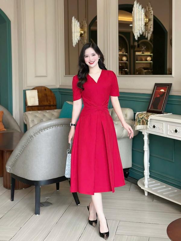 Đầm nữ thiết kế Nhật Vy cổ chữ V tay ngắn đính nơ eo cách điệu form chiết eo dáng xoè chất lụa phù hợp văn phòng công sở dự tiệc thanh lịch - D3067 Xám 1