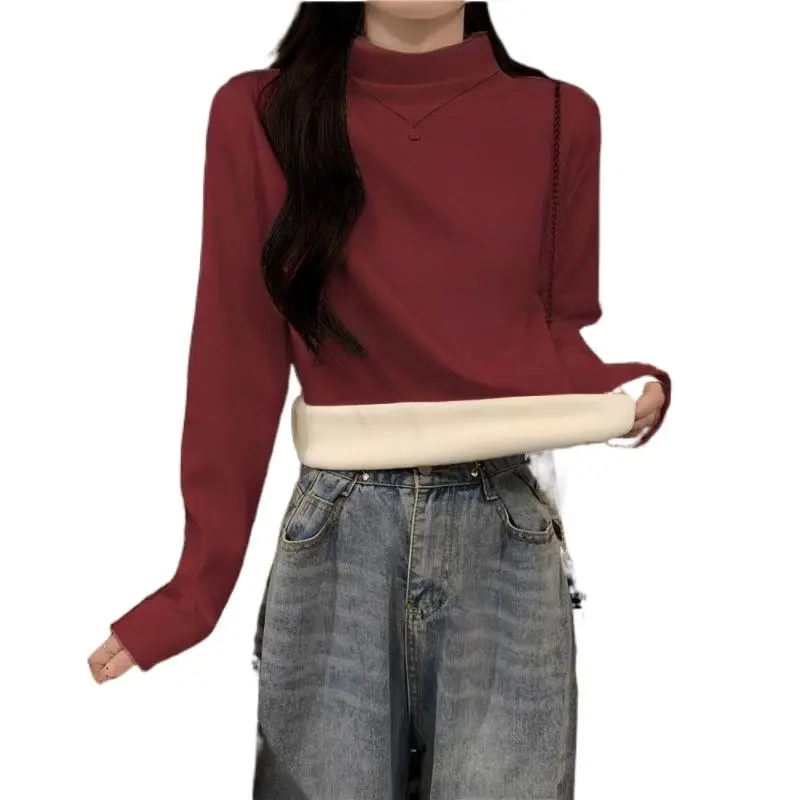 Red Fleece-lined Thickened Half-High Collar Bottoming Shirt Women's Inner Wear Autumn and Winter New Slim Fit Thermal Long Sleeve Top Womenswear Lingerie