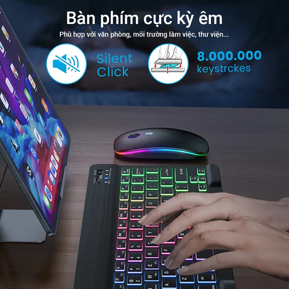 Bàn phím bluetooth mini không dây kích thước 10 inch -Backlit RGB 7 màu có thể tùy chỉnh - Tích hợp pin sạc 800 mAh sử dụng liên tục 100h - Nhỏ gọn nhẹ dễ dàng mang theo - BH 6T