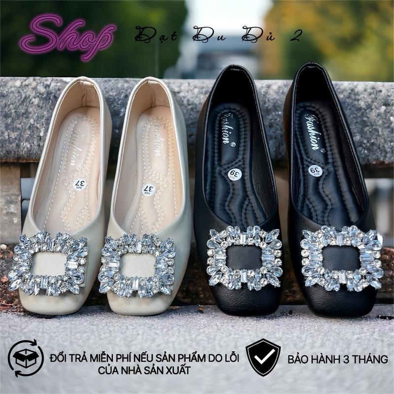 Giày Bệt Nữ Mũi Vuông Đính Đá-Giày Búp Bê Đế Bằng cực xinh Da mềm Đế dẻo Shoes 2 màu Đen + Kem. dép tiểu thư