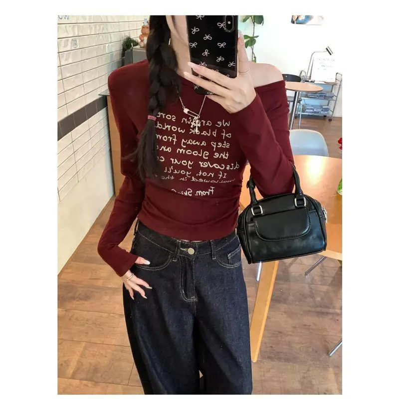 áo trễ vai xinh đẹp, Kiểu Lớp Cơ Sở, In Chữ, Eo Co Giãn, Xếp Ly,áo sơ mi nữ hottrend，áo nữ style hàn quốc 8