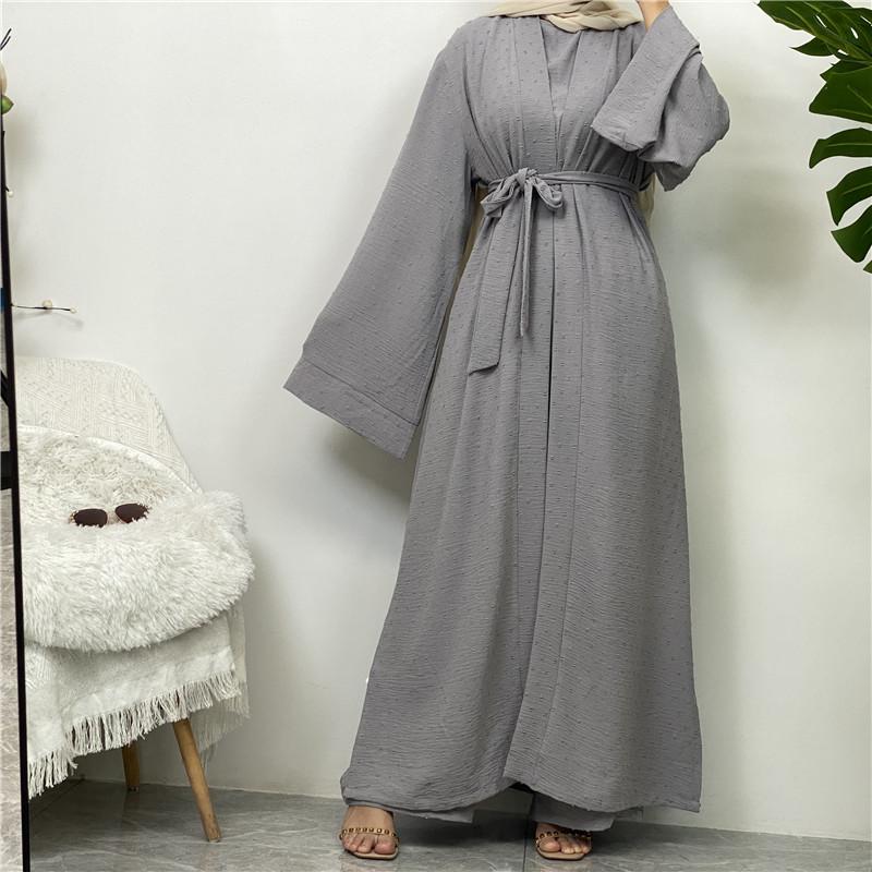 Product Introduction of Robe Three-Piece Set Long Cardigan Sleeveless Top and Pants with Pockets Muslim Islamic Clothing 1958 21