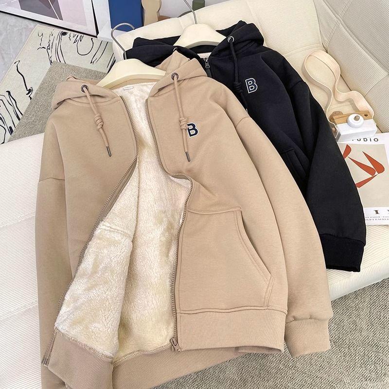 Áo Cardigan Len Lót Lông Cừu, Có Mũ Dày Dặn, Có Khóa Kéo, Dành Cho Nữ, Giảm Giá Outlet, Kiểu Áo Khoác, Có Sẵn Trong Len Lông Cừu Women Top