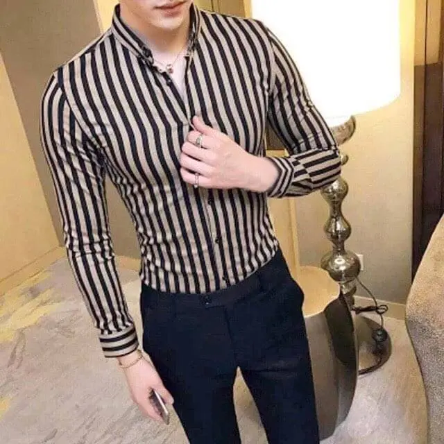Áo sơ mi nam dài tay kẻ sọc đen vàng