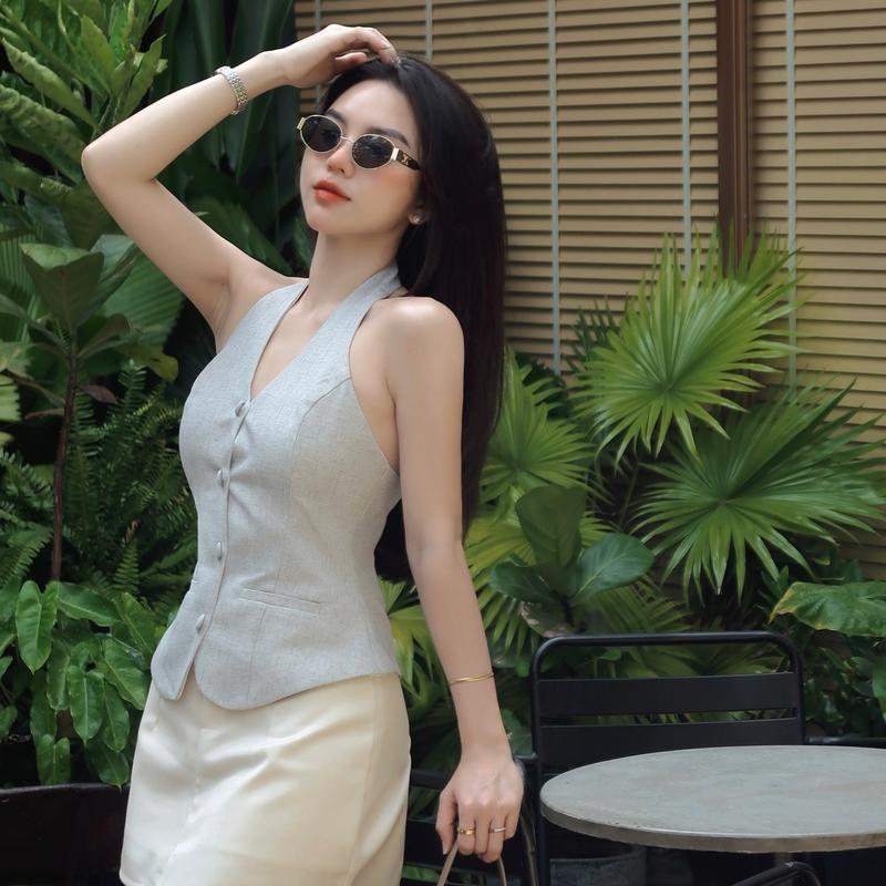 Áo gile cổ yếm nữ hở lưng dáng dài chiết eo chất suit xược MINTSHE  Women Top