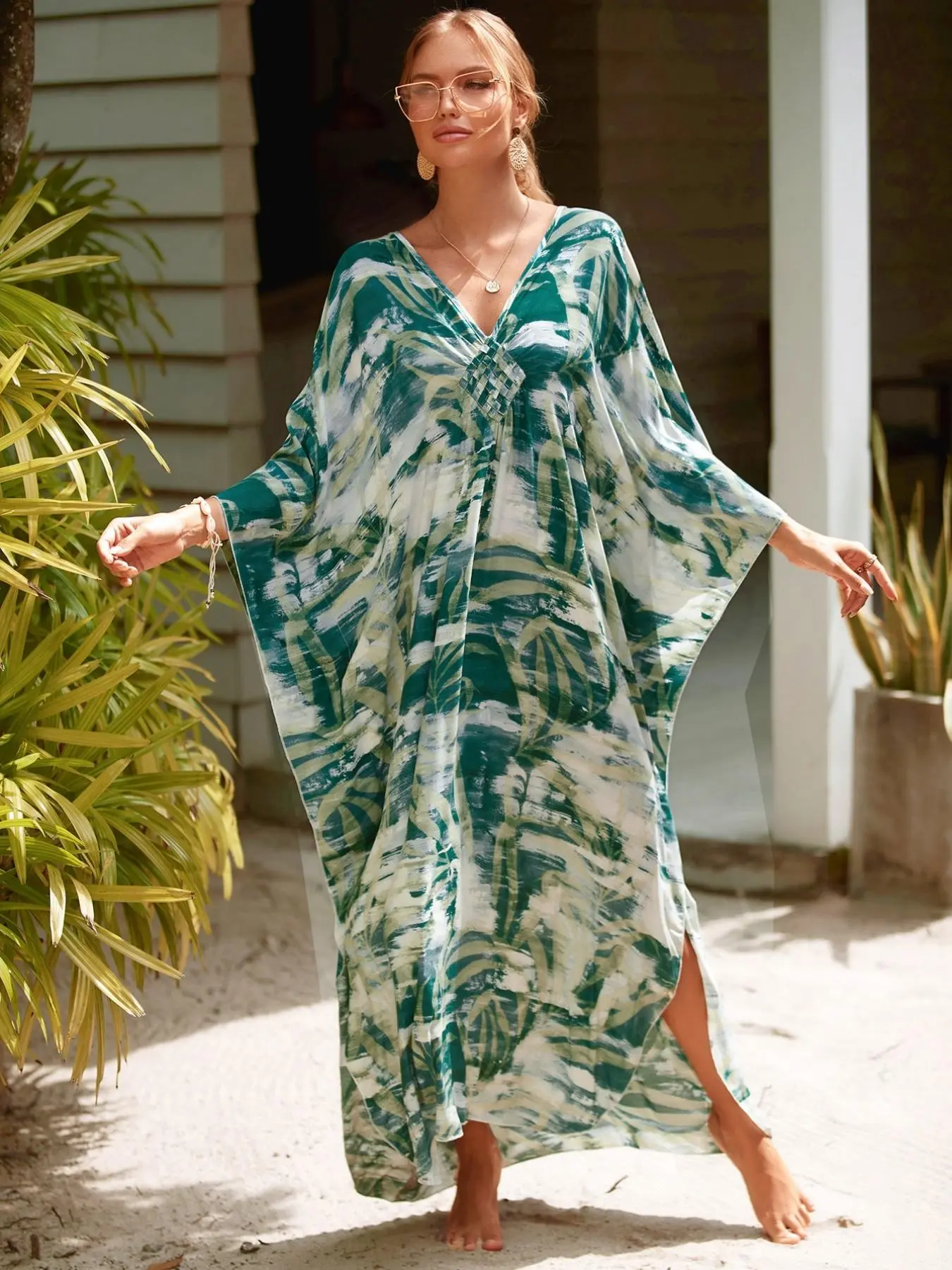 Women's Plus Size All Over Print Batwing Sleeve Kaftan, Boho V Neck Split Long Dress, Ladies Spring & Summer Clothes For Beach Holiday Vacation