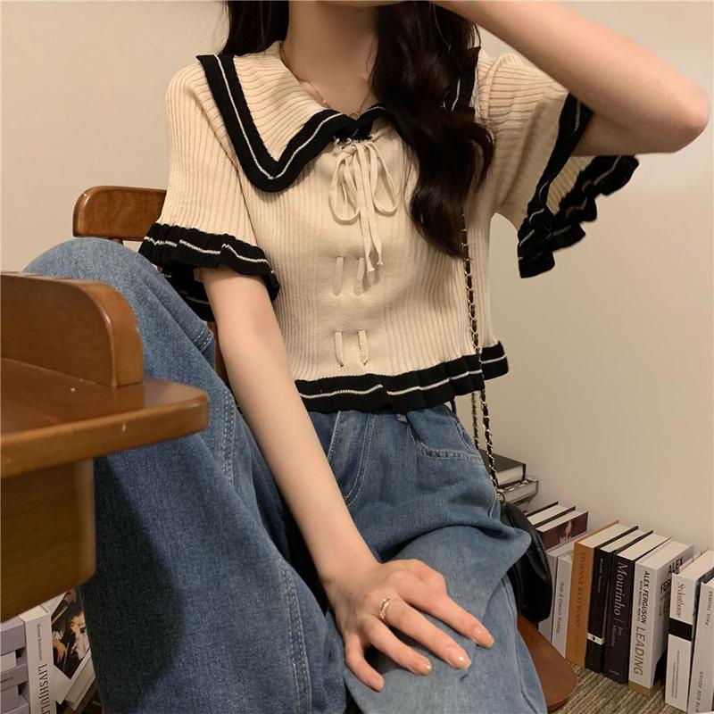 Áo Len Cổ Búp Bê Xù Thiết Kế Cho Nữ, Áo Thun Ngắn Tay, Áo Ngắn Mùa Hè Top Women