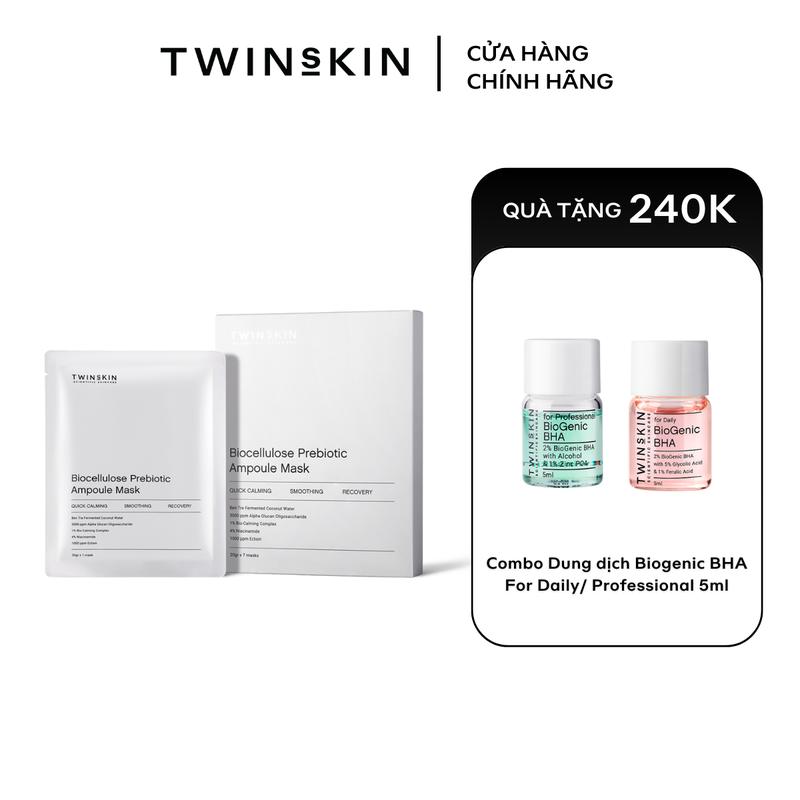 Hộp mặt nạ sinh học hỗ trợ phục hồi TWINS SKIN Biocellulose Prebiotic Ampoule Mask 25gr x 7 miếng TẶNG Combo 2 Dung dịch Biogenic BHA For Daily/ Professional 5ml