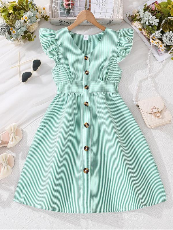 Girl's Striped Print Button Decor Ruffle Trim Dress, Casual Short Sleeve Collar Dress for Summer, Kids Clothes for Daily Wear 7