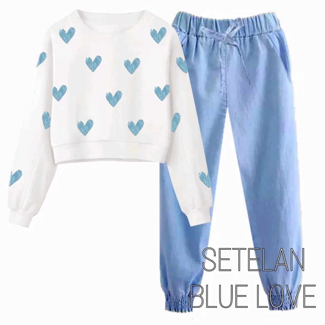 SETELAN SWEATER ANAK REMAJA PEREMPUAN BLUE LOVE CELANA DENIM Santai Fashion Lengan panjang Lengan panjang Lengan panjang Cantik Jeans