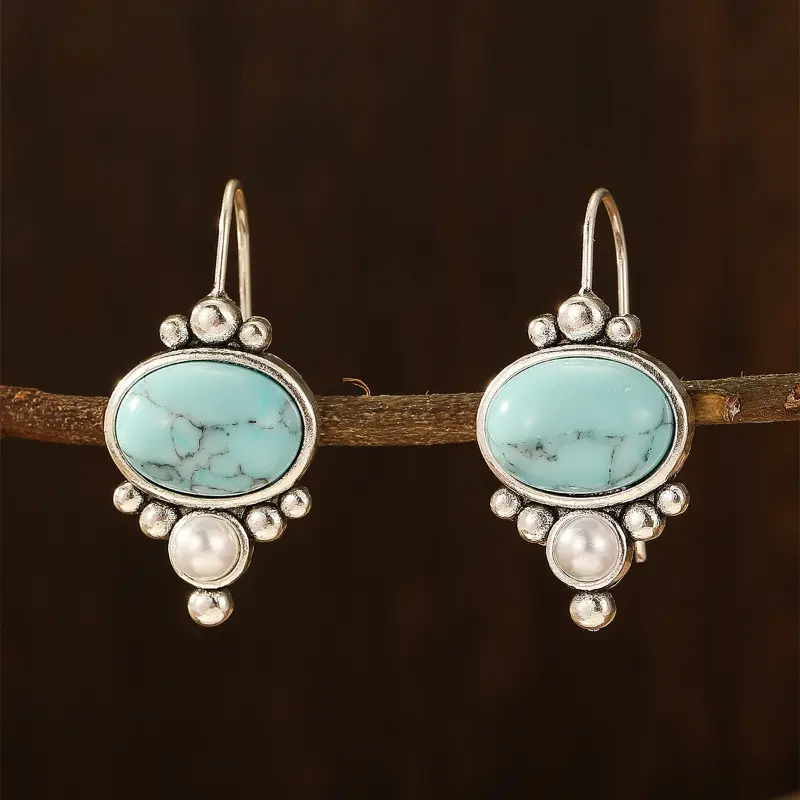 1pair Vintage Turquoise Women's Dangle Drop Earrings Elegant Pearl Jewelry Suitable for Holiday Commemorative Gifts To Friends 2