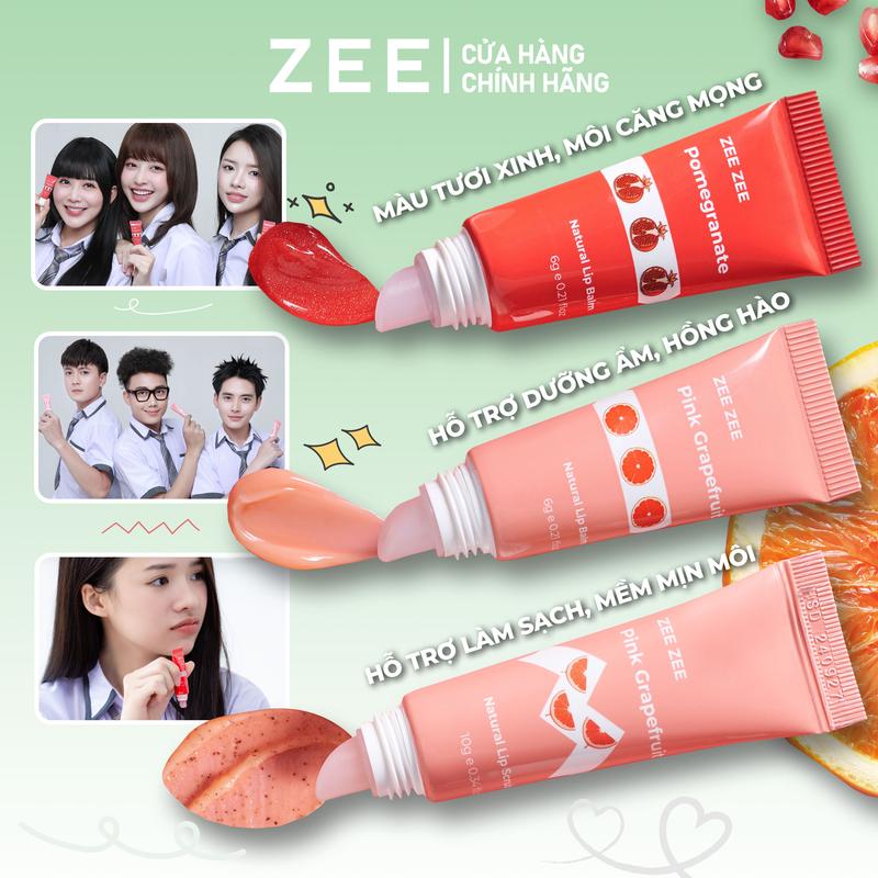 Combo Môi Yêu Son dưỡng hồng môi Lựu Đỏ+ Bưởi Hồng + Tẩy da chết môi Bưởi Hồng giúp đều màu ZEE ZEE dạng tuýp 6g + 10g Skincare cho Nữ