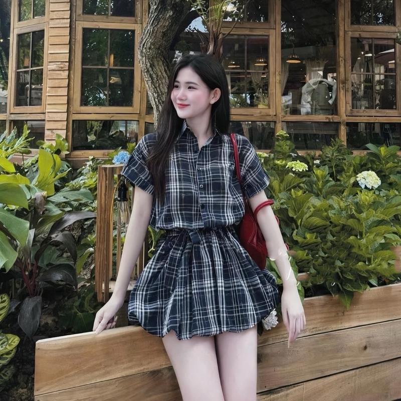  Đầm Sơ Mi Caro Cổ Bẻ Tay Sắn Gấu Thắt Dây Eo Xòe Phồng Dáng Bí Hot Hè Nữ - Women Có Bigsize Dress 