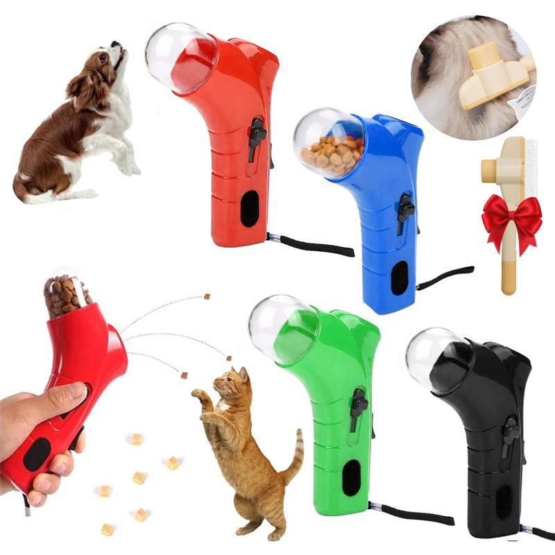 Pet Treat Shooter with Cat Comb, 2 Counts Interactive Pet Treat Launcher and Cat Comb, Cat Treat Gun Shooter, Puppy Award Snack Catapult Toy for Exercise & Play 0