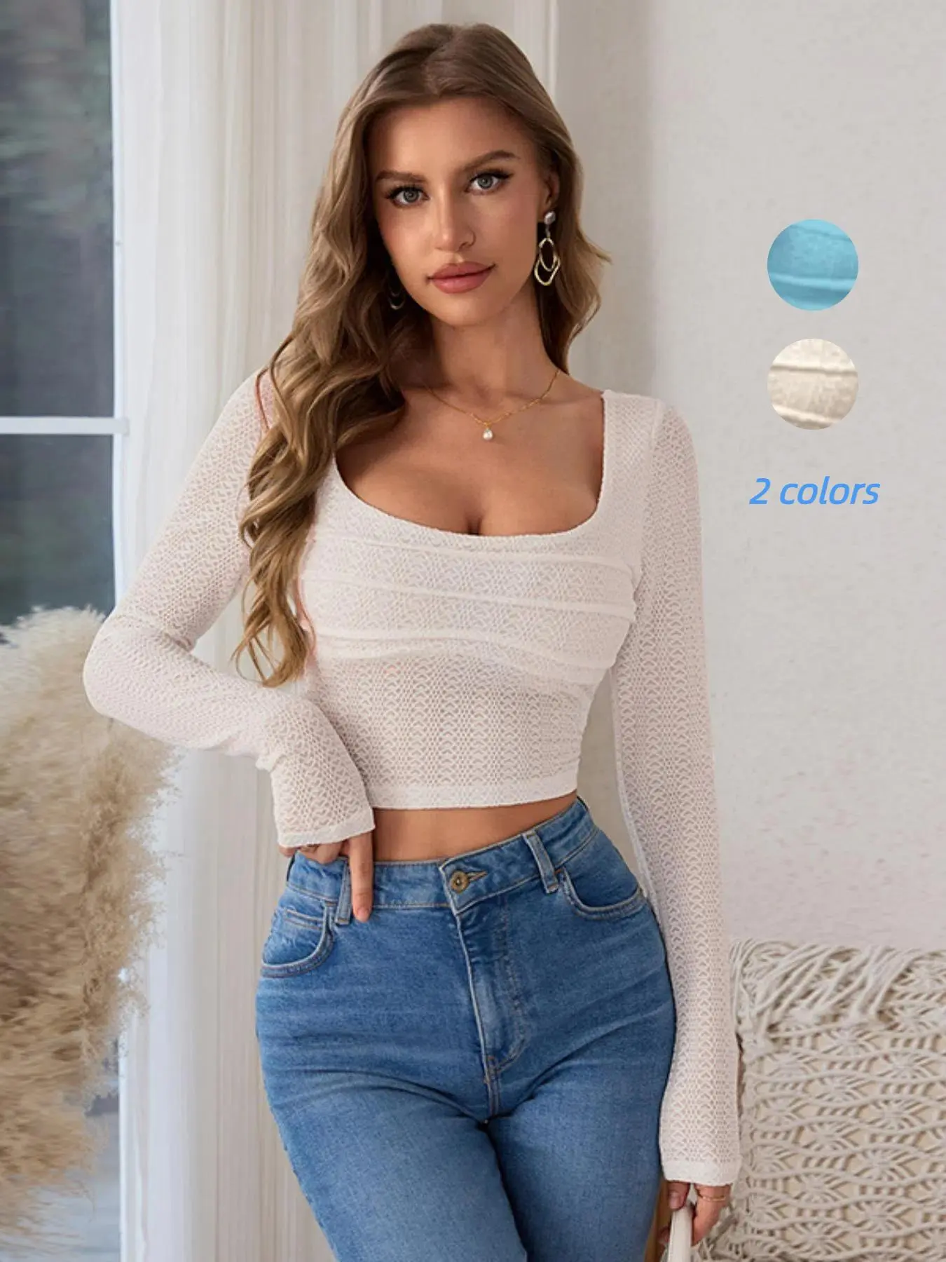 Women's Plain Cut Out Backless Crop T-shirt, Casual Scoop Neck Long Sleeve Top for Spring & Fall, Fashion Women's Knitwear for Daily Wear, Cute Tops
