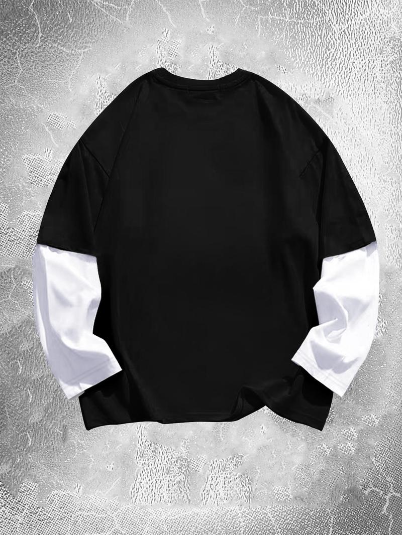 Product Introduction of Men's 2-IN-1 Colorblock Letter Print Drop Shoulder Tee, Casual Regular Fit Round Neck Long Sleeve T-Shirt for Spring & Fall, Menswear for Daily Wear 7