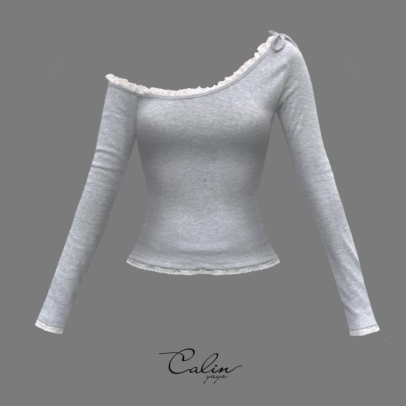 Maya Top - Áo Thun Thiết Kế Lệch trễ VaI Phối Viền Ren Thắt Nơ Cách Điệu Màu Xám cho Nữ Women