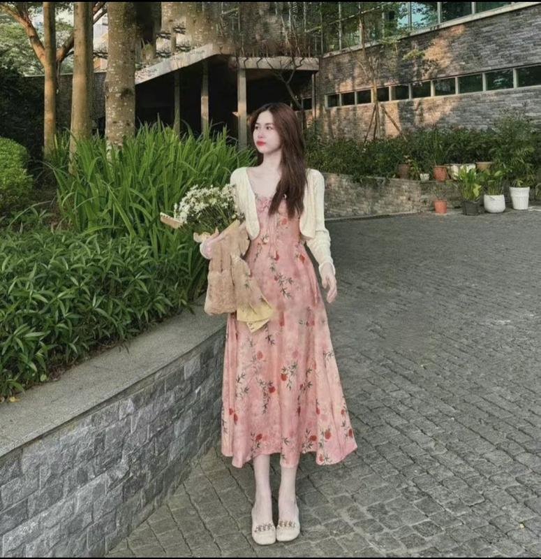 Sét Váy Hoa nữ hai dây ( CÓ MÚT) kèm áo khoác sang chảnh, Thích hợp khi Đi Tiệc Women Voan Dress Kem Màu Hồng 4