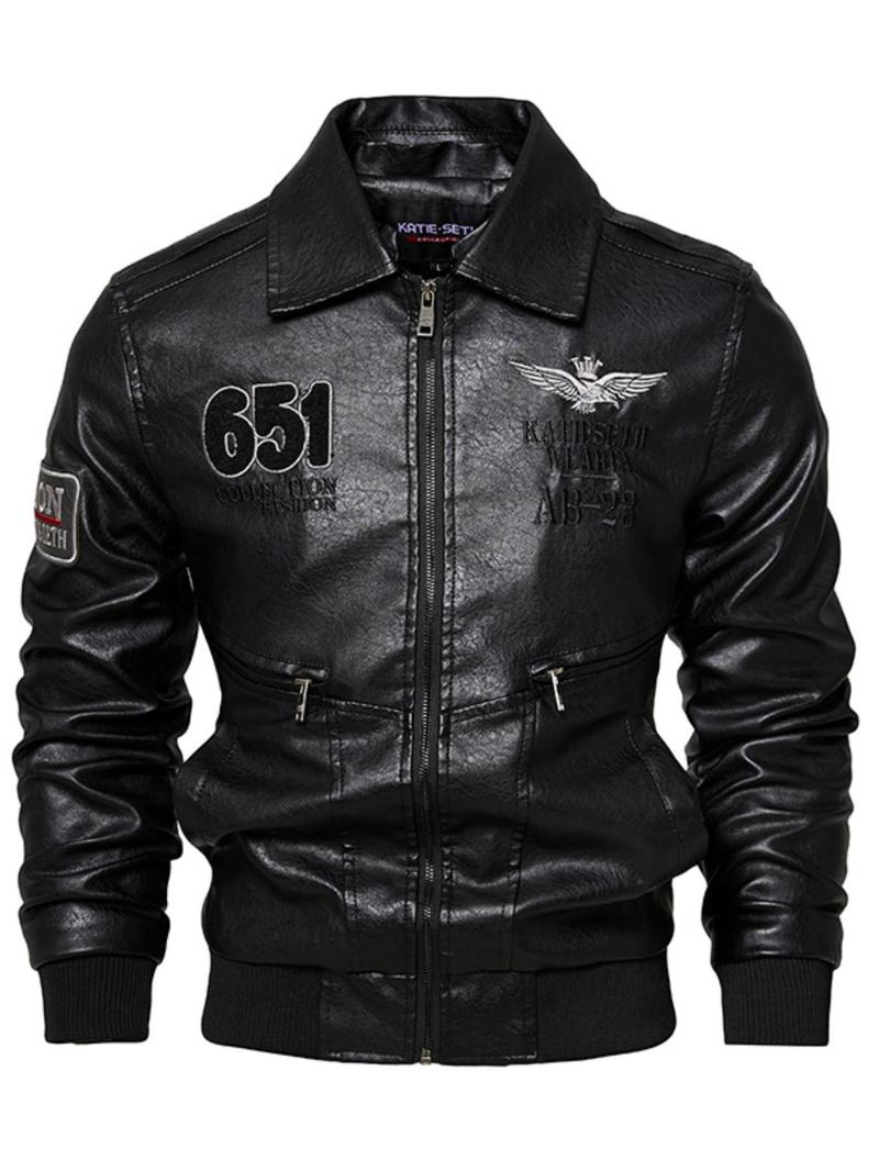 Product Introduction of Men's Letter Patched Pocket Zipper PU Leather Jacket, Punk Fashion Long Sleeve Collared Outerwear for Daily Outdoor Wear, Men Cloths for Fall & Winter 3