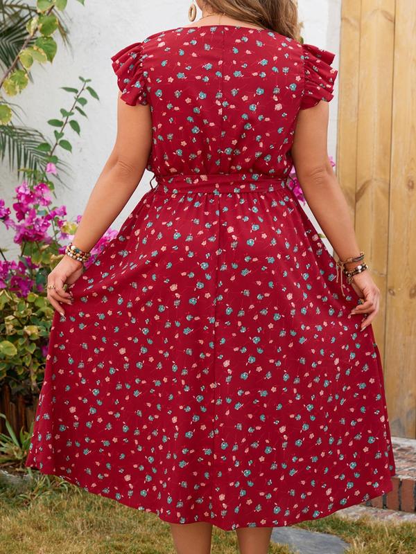Plus Size All Over Print Belted Ruffle Wrap Butterfly Sleeve Dress, Cute Women Summer Clothes, Dresses for Women, Plus Size Dresses, Elegant V Neck Cap Sleeve A Line Dress for Vacation Holiday, Summer Dresses 2024 1