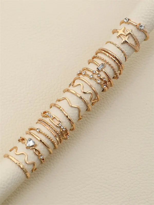 Women's Elegant Rhinestone Decorated Rings with Star & Heart Design (22pcs), Casual Trendy Rings for Party, Daily Clothing Decor, Trendy All-match & Exquisite Jewelry for Birthday Gift 6