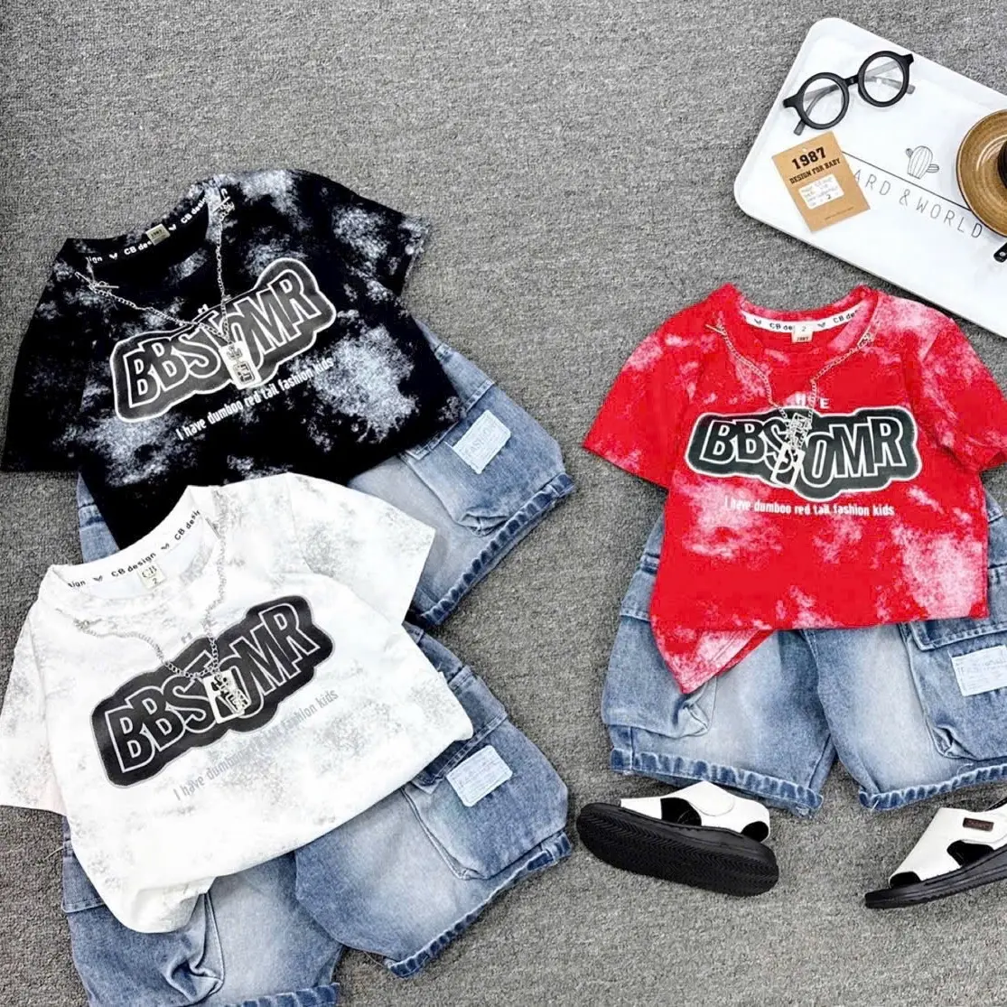 10-30kg set quần jean túi hộp kèm áo cotton in chử siêu ngầu cho bé trai, set bé trai phong cách hàn quốc jean