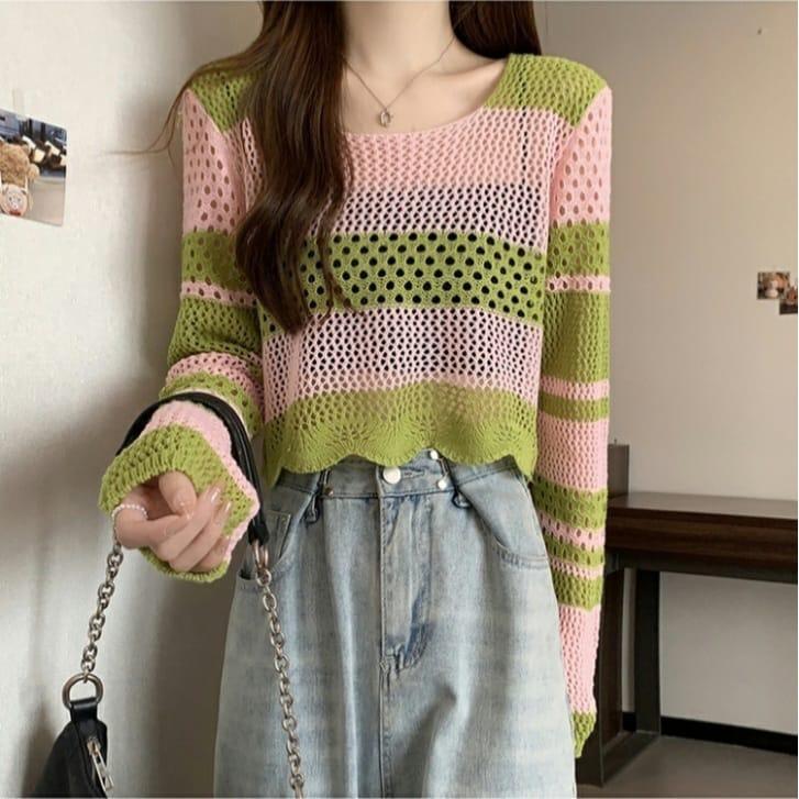 Vilave Atasan Blouse Wanita Hollow Knitted Korean Style Top Import J1221 1