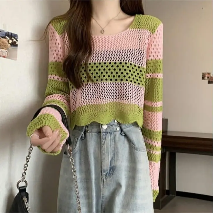 Vilave Atasan Blouse Wanita Hollow Knitted Korean Style Top Import J1221 1