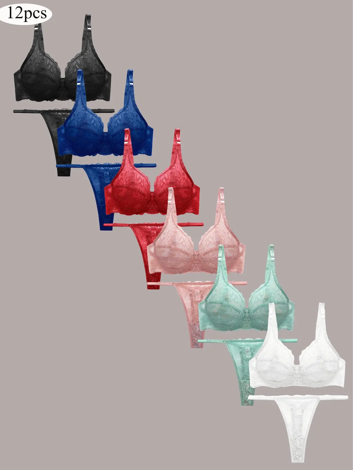 Women's Solid Floral Lace Push Up Bra & Thong Set, Comfy Breathable Backless Bra & Thong Set, Soft Underwear Set for All Seasons