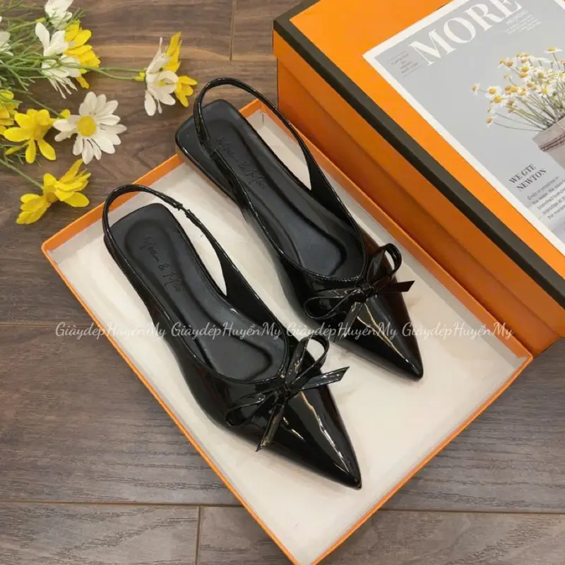 Sục bệt nữ mũi nhọn đính nơ da bóng kính hàng cao cấp full hộp ( PH09 ) DéP Shoes GiàY 0