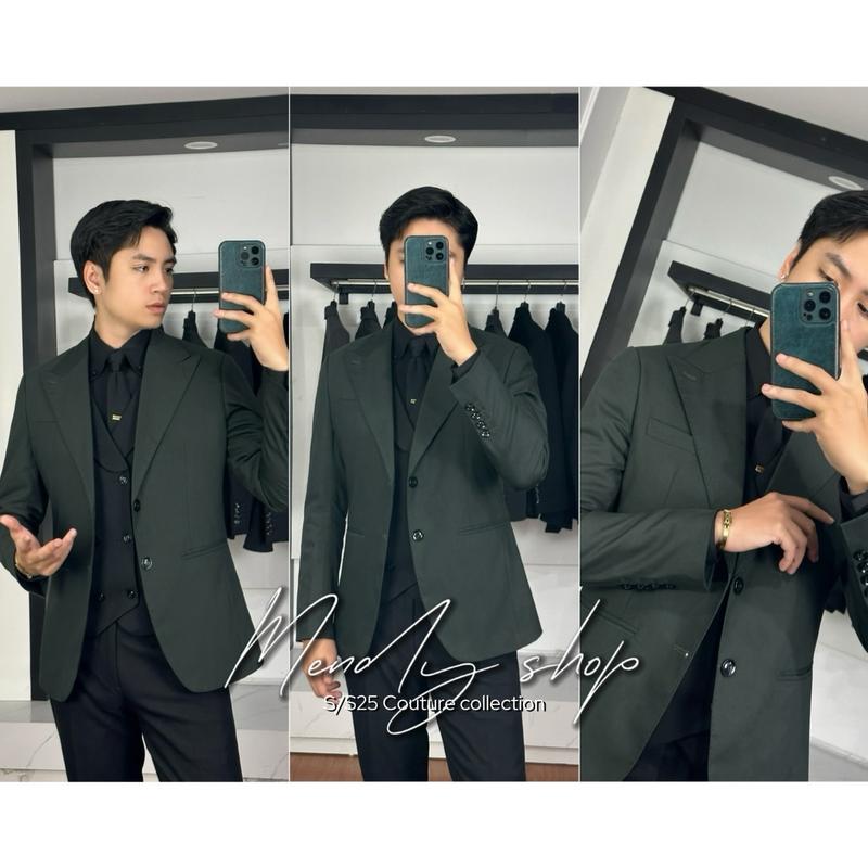 [Tặng Áo Sơ Mi ] Áo rời Blazer vest nam màu rêu đậm Cao cấp chất liệu linen cotton Mendy shop lót gấm