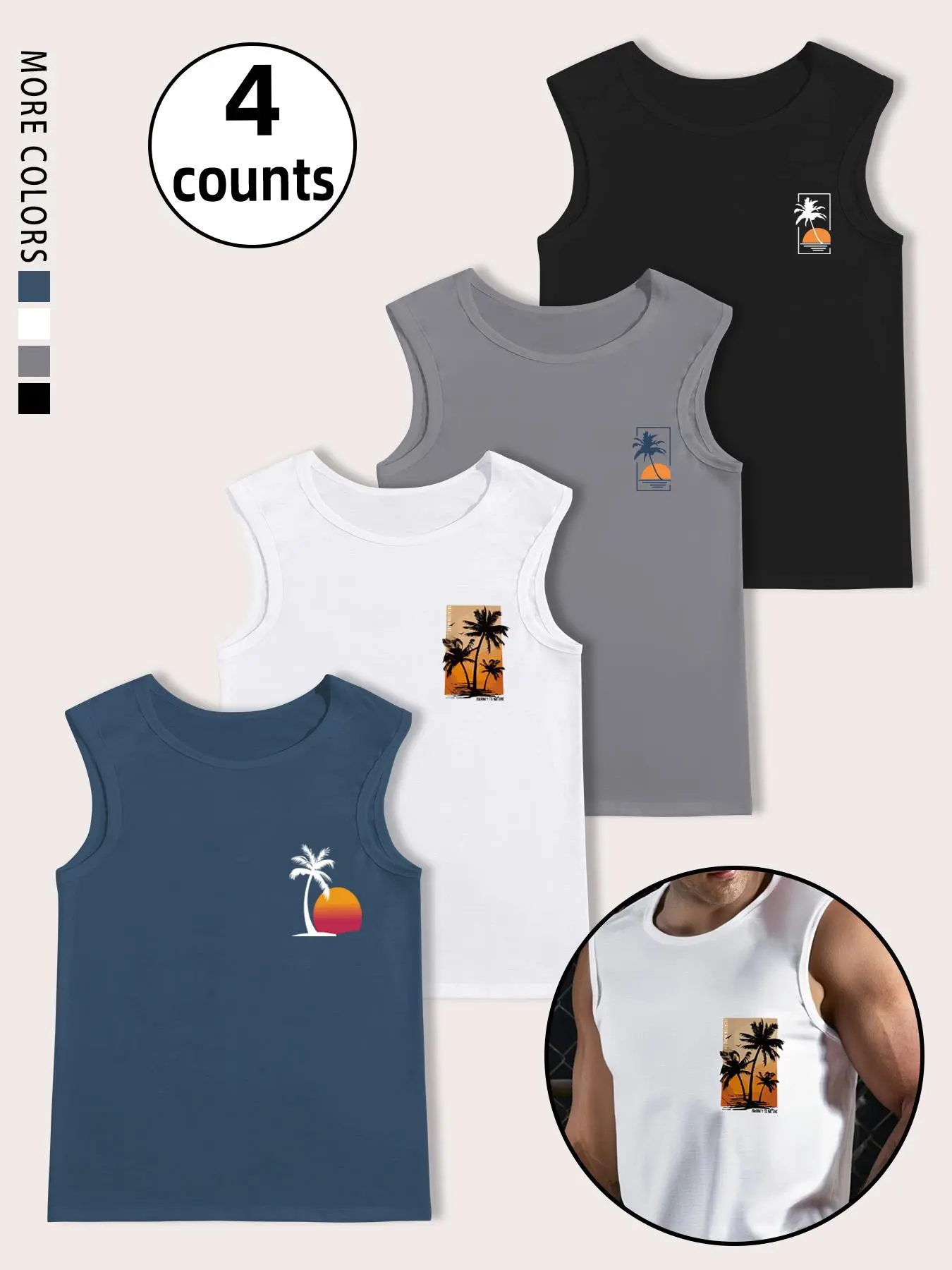Men's Palm Tree Print Tank Top, Regular Fit Casual Sleeveless Round Neck Top for Summer, Men's Top for Daily Wear, Socks
