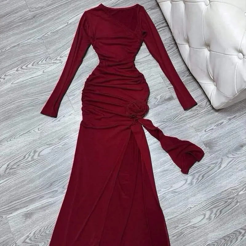 V159 - Đầm Body Tay Dài Lệch Vai Nhúng Eo Hoa  Chất Thun Mịn 5