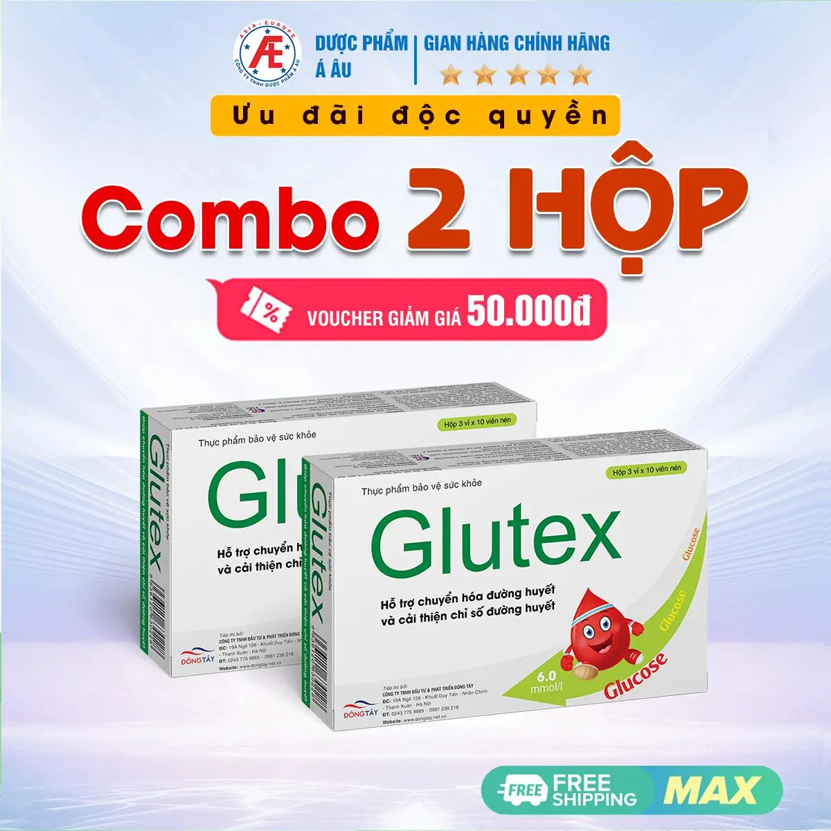 [01.01 SIÊU SALE] -Combo Ưu đãi - 2 hộp Viên uống Glutex giúp hỗ trợ giảm và ổn định chỉ số đường huyết (hộp 30 viên) - Công ty Á Âu