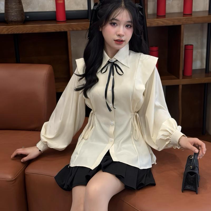 Áo sơ mi thắt eo dài tay bồng FREESIZE có tặng kèm dây nơ tiểu thư  - Nữ