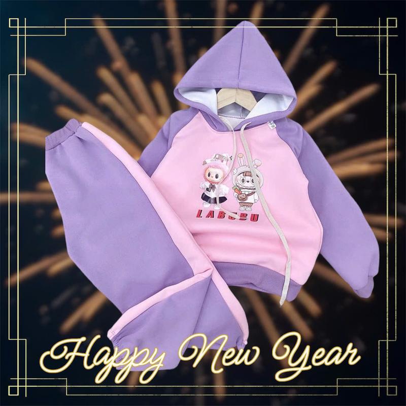 nữ mùa (22-30kg)-Bộ Nỉ 2 Da Quần Áo Đông Xuân Bé Gái In Hình Labubu Mềm Mịn Ấm Áp Áo Hotdi Quần Joger đồ set hoodie thu sét