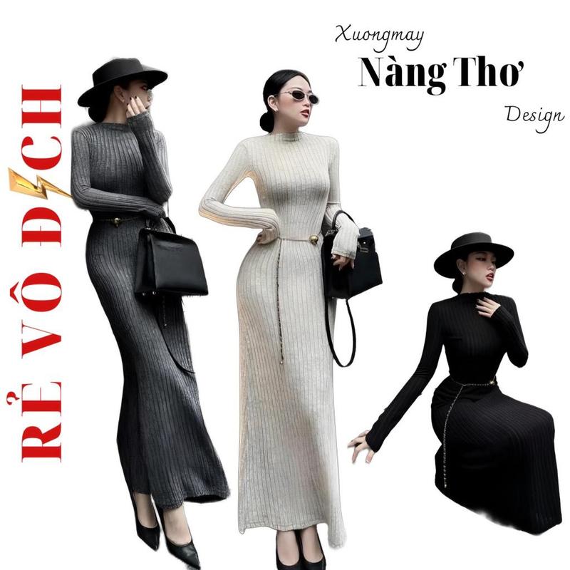 201 Váy Đầm Gân Đũa To Cổ Cao 3P Dáng Xoè Dài Thiết Kế Sang Chảnh Cao Cấp Kín Đáo Che Khuyết Điểm Nữ Women Dress Đen