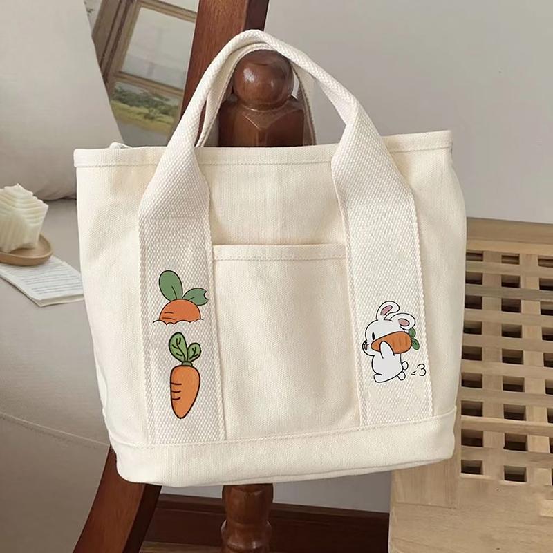 Product Introduction of 1PC Cartoon Rabbit Carrot Women Handbag Canvas Women's Tote Bag Portable Large Capacity Multi Pocket Lunch Bag 12