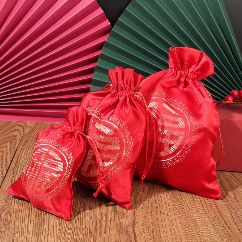 Product Introduction of 2/4Pcs Spring Festival Red Drawstring Bags Kid Candy Cookie Gift Lucky Pouch New Year Wedding Party Packaging Pouches Household Sacks Bag 24