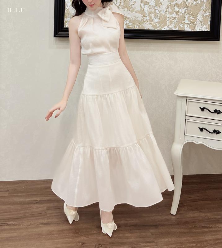  Set váy nữ sơ mi Voan tơ thắt nơ phối chân váy tầng 2 lớp Maies Set H.I.U Fashion  đầm nhún bồng tiểu thư HIU design 