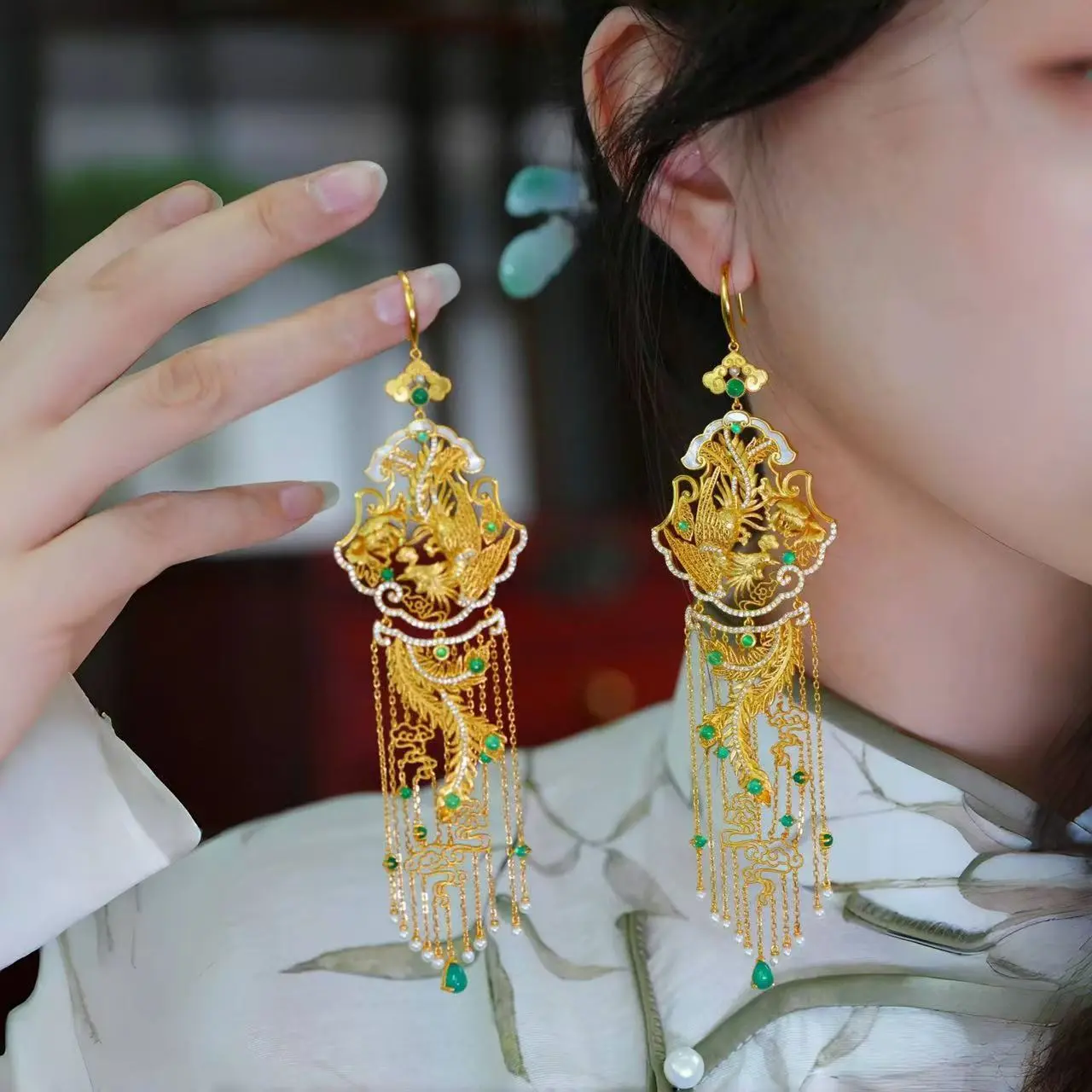 Hoa Tai Tua Rua Phượng Hoàng Vàng, Dành Cho Nữ, Thời Trang, Phong Cách Trung Quốc Mới, Hình Quả Bầu Thẩm Mỹ, Rải Kim Cương, Thủ Công Nặng