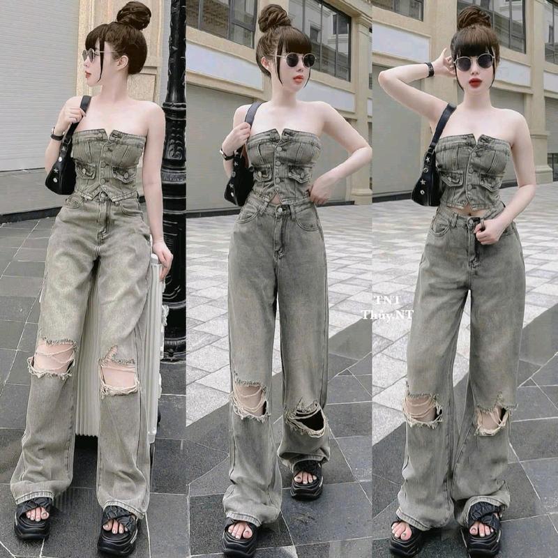 Set bộ đồ Jeans qc Top thời trang Nữ thiết kế Áo dây tăng đơ mocking sau quần suông rách bo thun sau dài ống rộng tiểu thư cá tính mặc đi chơi dự tiệc sang trọng xinh xắn sang trọng Women