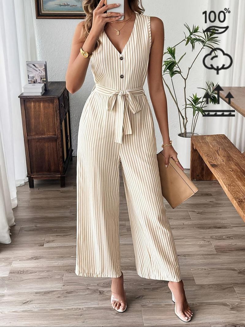 Product Introduction of Women's Striped Print Jumpsuit, Casual Elegant Sleeveless Jumpsuit for Summer, Fashion Women's Clothing for Daily Wear 1