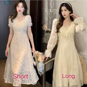 Dress Midi Cream Wanita Lengan Pendek Dan Lengan Panjang Kondangan Brukat Gaun Pesta Mewah Casual Simple M367