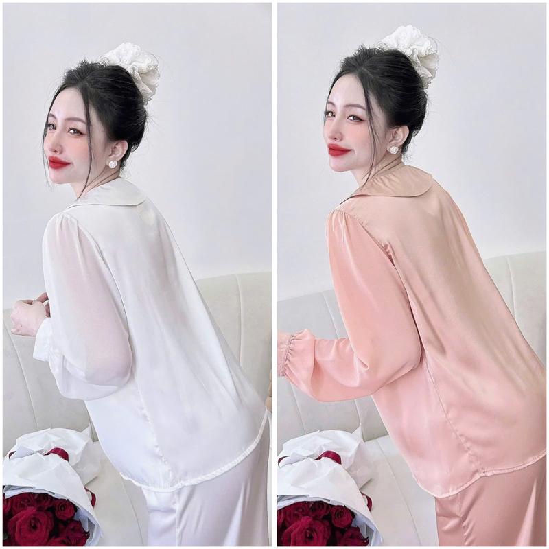 Đồ bộ ngủ pijama áo tay voan cổ vuông quần dài dành cho nữ họa tiết trơn chất liệu lụa latin mềm mịn Women 2