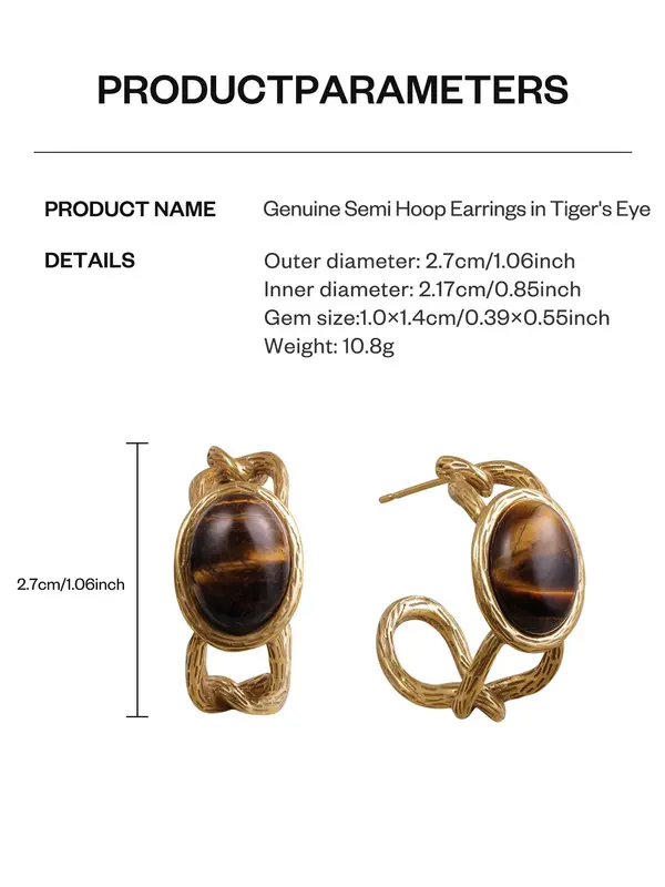 Genuine Semi Hoop Earrings in Tiger's Eye 6